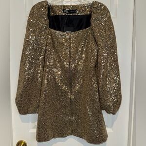 Zara Gold Long Sleeve Sequin Mini Dress. Size XS. NWT